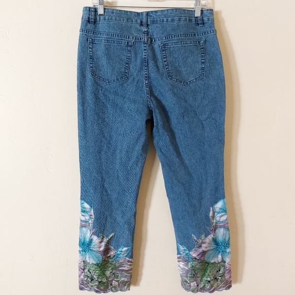 Soft Surroundings Silky Floral Beaded Blue Purple Soft Denim Cropped Jeans Pants - Picture 9 of 16